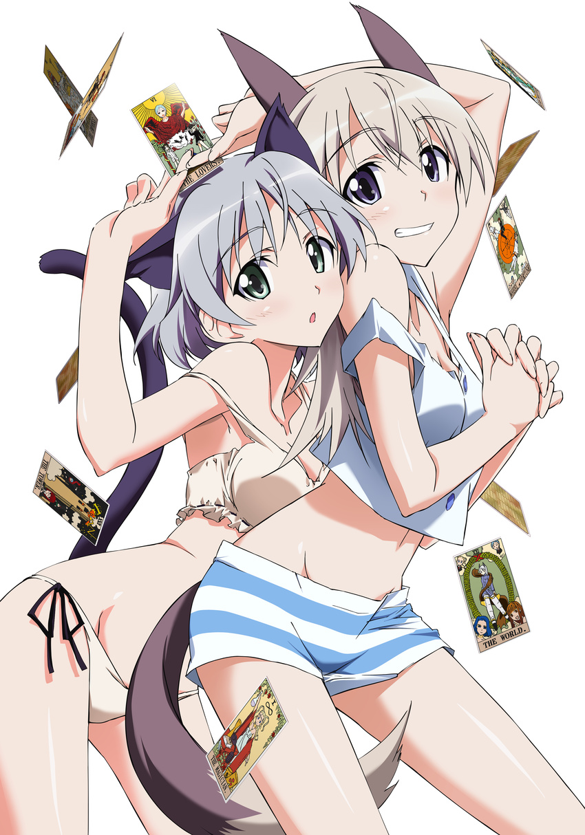 absurdres animal_ears bra camisole card crop_top eila_ilmatar_juutilainen highres holding_hands image_sample kurashima_tomoyasu lingerie midriff multiple_girls panties sanya_v_litvyak shiny shiny_skin strap_gap strike_witches striped tail tarot underwear underwear_only vector_trace world_witches_series yandere_sample