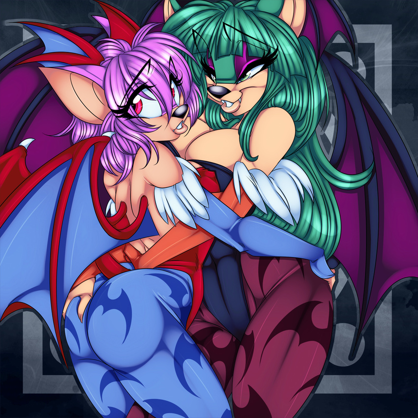 abs bat big_breasts big_butt black_nose breasts butt cleavage clothed clothing cosplay crystal-for-ever duo elbow_gloves fangs female fingerless_gloves gloves green green_eyes green_hair hair hug legwear lesbian lilith lilith_aensland lips long_hair looking_back makeup mammal morrigan_aensland muscles muscular_female nails pink_eyes pink_hair pose short_hair smile spikes standing stockings teeth thick_thighs thighs tight_clothing voluptuous wide_hips wings