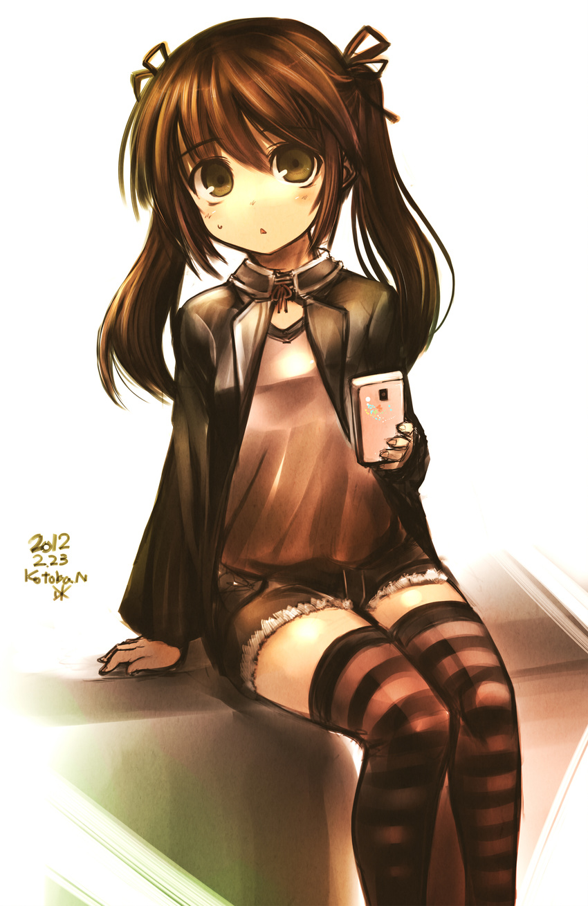 brown_hair cellphone child dated hair_ribbon highres holding jacket kotoba_noriaki long_hair looking_at_viewer open_mouth original phone ribbon short_shorts shorts signature simple_background sitting solo striped striped_legwear sweatdrop thighhighs twintails