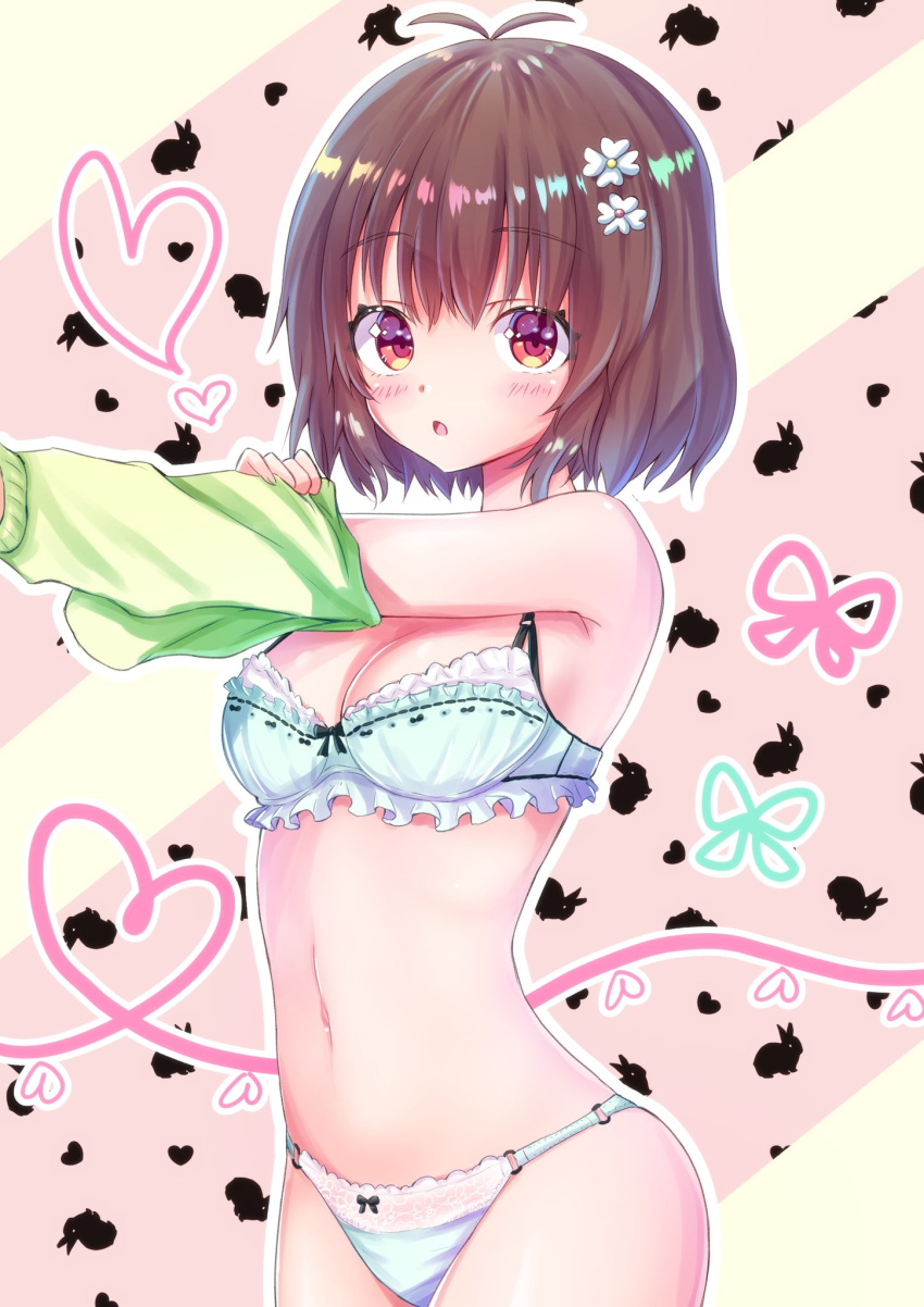 1girl :o antenna_hair aqua_bra aqua_panties armpit_crease bangs bare_shoulders bra breasts brown_hair bunny cleavage cowboy_shot eyebrows_visible_through_hair flower frilled_bra frills green_sweater hair_flower hair_ornament heart highres lace lace-trimmed_panties lingerie long_sleeves looking_at_viewer medium_breasts navel original panties parted_lips red_eyes sanpaku shiny shiny_hair short_hair solo standing stomach sweater tareme tenzeru underwear undressing white_flower