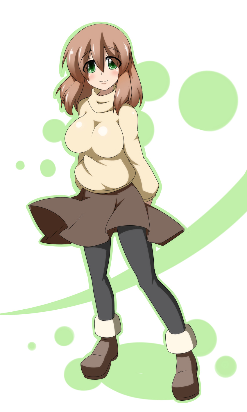 1girl absurdres breasts brown_hair female green_eyes highres kaz_(shade) large_breasts leotard long_hair makihara_nodoka original pantyhose shoes skirt smile solo sweater turtleneck