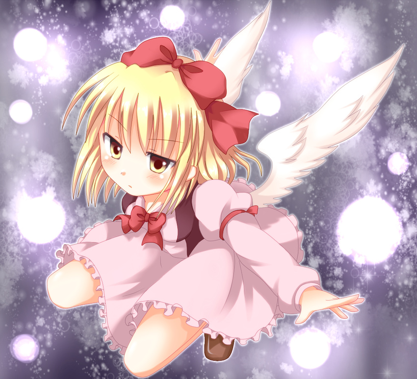 angel_wings blonde_hair bow danmaku dress fuyoyo gengetsu hair_bow outstretched_arms red_bow short_hair solo squatting touhou touhou_(pc-98) wings yellow_eyes