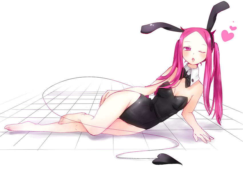 animal_ears bad_id bad_pixiv_id bare_legs barefoot bow bowtie bunny_ears bunnysuit chibiibiru demon_tail detached_collar long_hair lying on_side one_eye_closed original pink_eyes pink_hair solo tail twintails