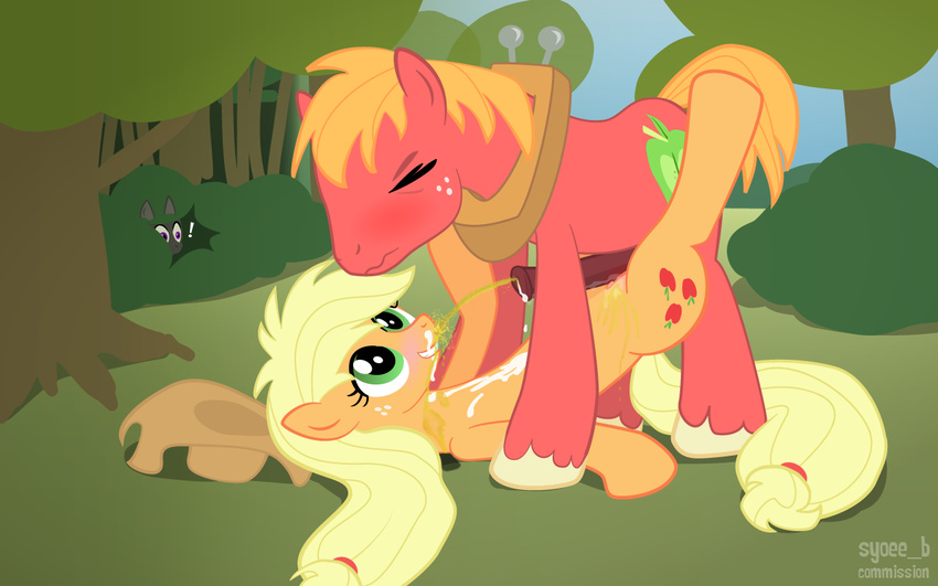 2012 animal_genitalia applejack_(mlp) big_macintosh_(mlp) blonde_hair blush brother brother_and_sister cum cutie_mark edit equine female feral friendship_is_magic green_eyes hair hat horse horsecock incest male mammal my_little_pony peeing penis pony pussy shopped sibling sister straight syoee_b urine watersports