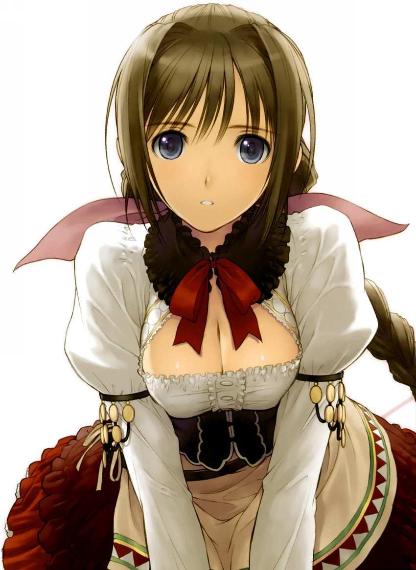 absurdres apron blue_eyes bow braid breasts brown_hair cleavage cleavage_cutout corset highres leaning_forward long_hair looking_at_viewer medium_breasts neris_(shining_hearts) puffy_sleeves ribbon shining_(series) shining_hearts solo tanaka_takayuki
