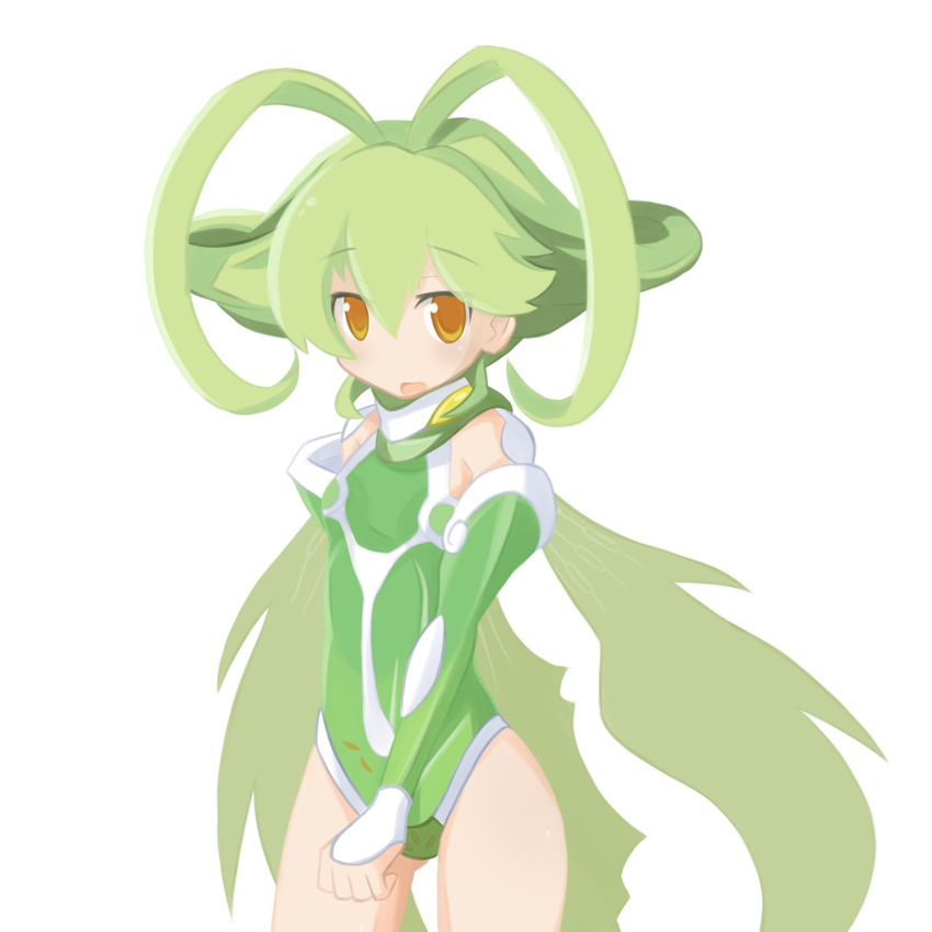 antenna_hair ar_tonelico ar_tonelico_ii blush detached_sleeves flat_chest frelia green_hair green_leotard green_wings highres leotard long_hair looking_at_viewer sai_(bankoru) solo wings yellow_eyes