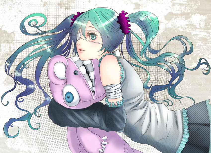 asanome bandages detached_sleeves eyepatch green_eyes green_hair hatsune_miku long_hair solo stuffed_animal stuffed_toy teeth tsumi_to_batsu_(vocaloid) twintails vocaloid