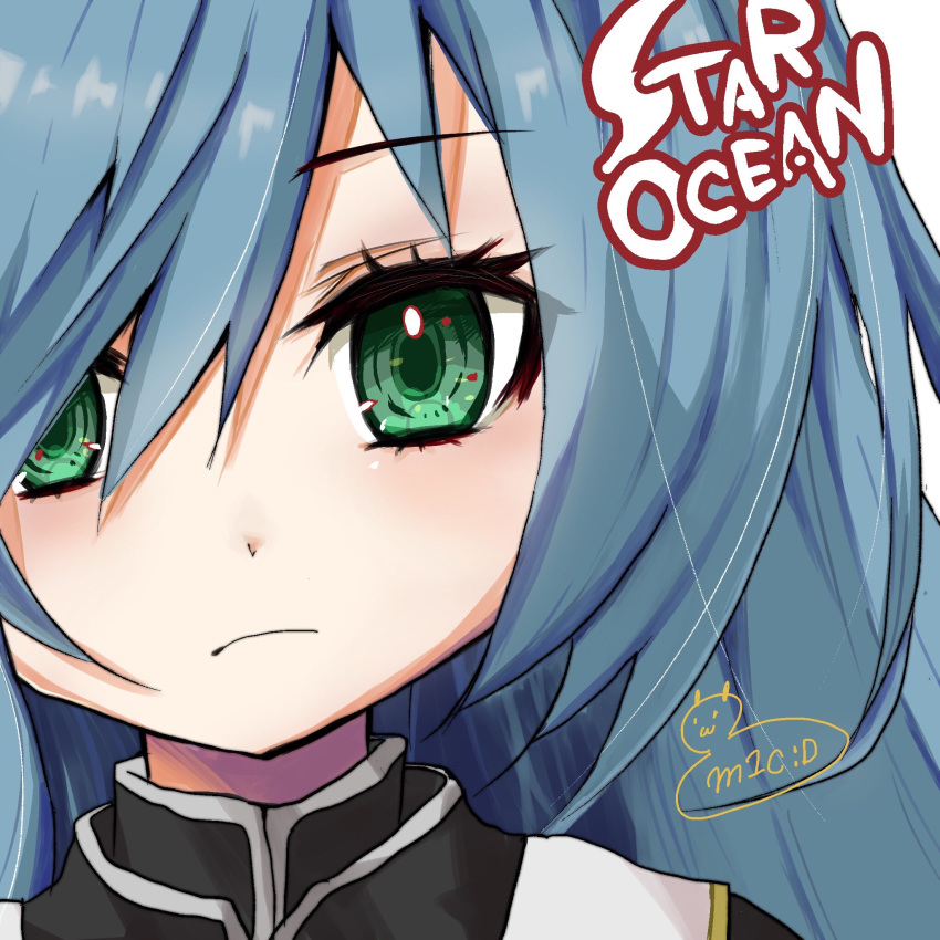 1girl blue_hair commentary_request green_eyes highres long_hair looking_at_viewer maria_traydor solo star_ocean star_ocean_till_the_end_of_time