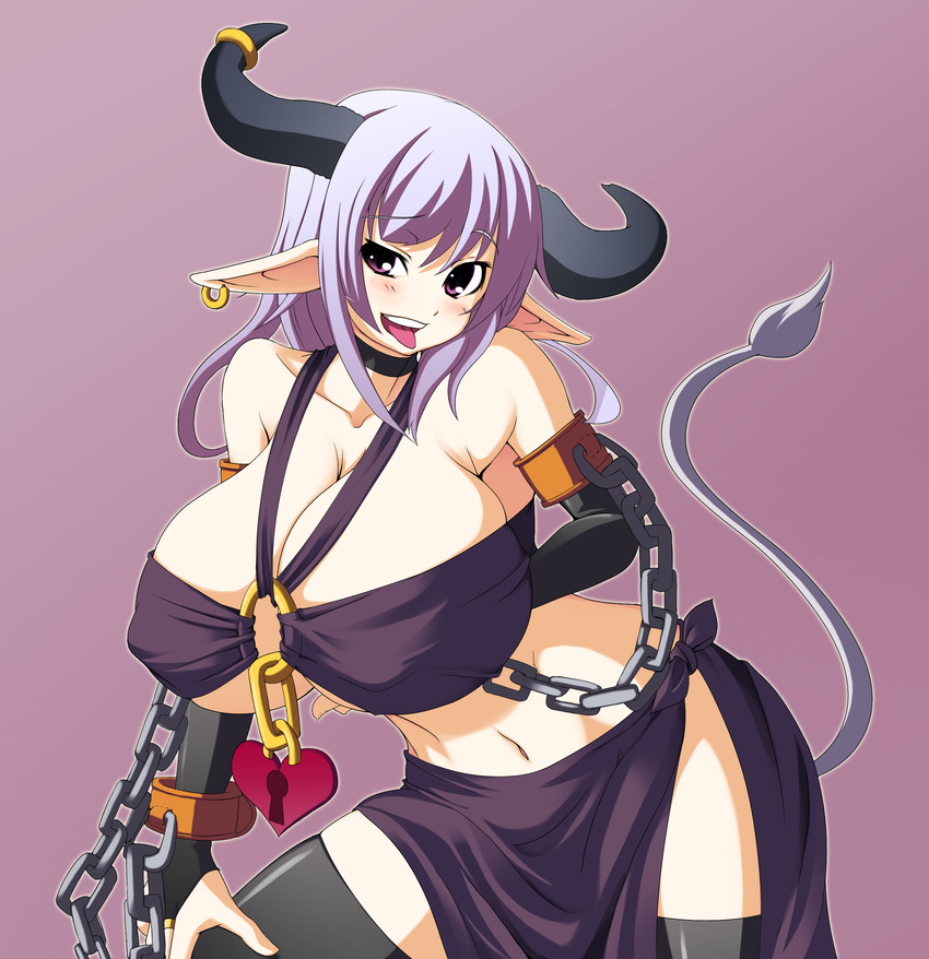 absurdres bandeau bare_shoulders bent_over black_legwear black_thighhighs breasts chain chains cow_tail curvy elbow_gloves female gigantic_breasts gloves heart_lock highres horns huge_breasts kokuyouseki lap lock long_hair looking_at_viewer navel nipples open_mouth pointy_ears puffy_nipples purple_eyes purple_hair simple_background skirt solo standing tail thighhighs thighs tongue