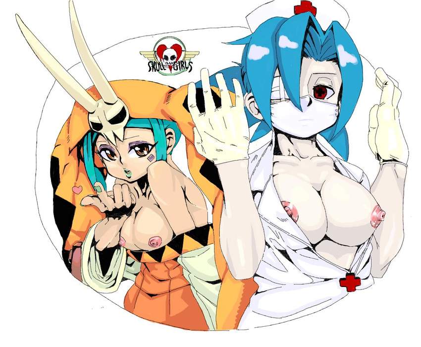 2girls artist_request breasts cerebella_(skullgirls) character_request large_breasts multiple_girls nipples nurse skullgirls valentine_(skullgirls) vice-versa_(skullgirls)