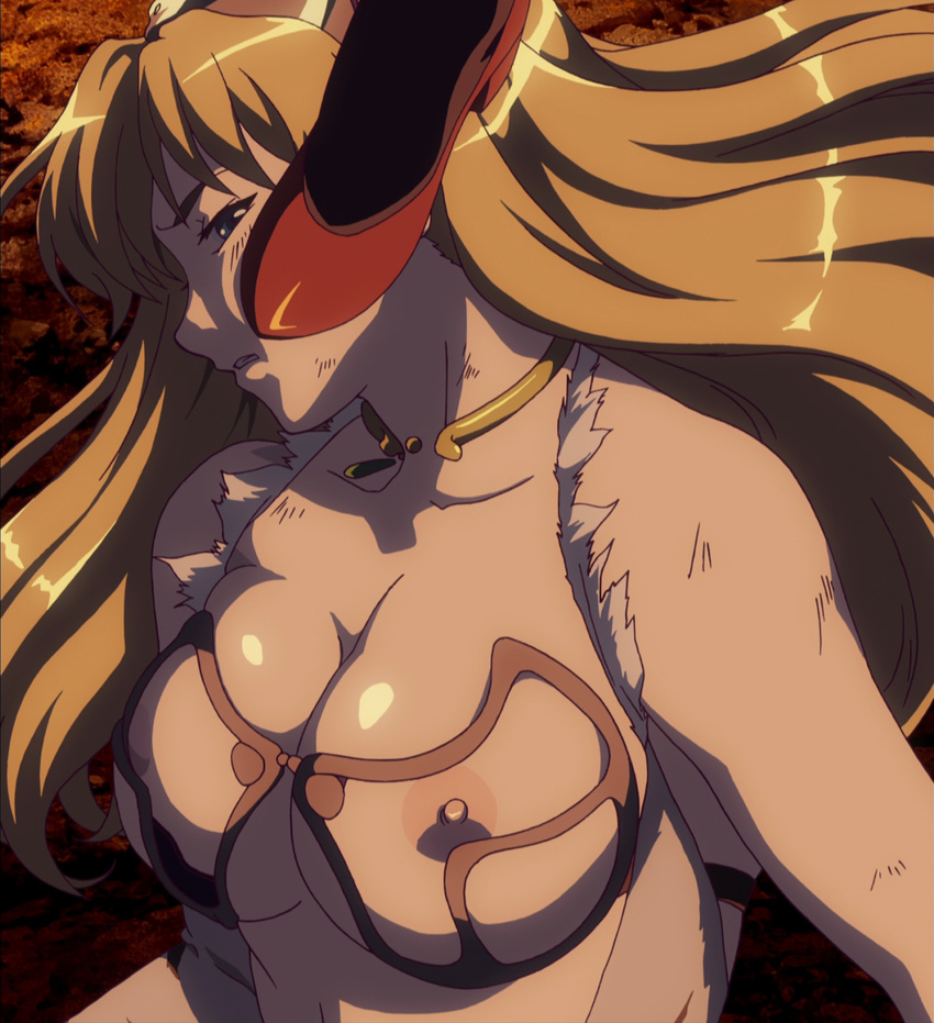 blonde_hair blue_eyes breasts elina highres jewelry large_breasts laying_down long_hair lying necklace nipples nyx queen's_blade queen's_blade stepped_on