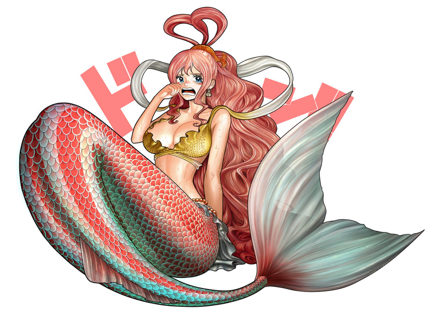 bikini_top blue_eyes breasts cleavage earrings full_body hair_ornament hair_rings hairclip jewelry large_breasts long_hair mermaid monster_girl one_piece pink_hair shirahoshi simple_background solo striped_tail suyu38 tail tears very_long_hair wavy_hair wet white_background