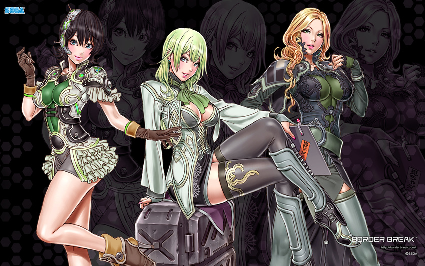 blonde_hair blue_eyes boots border_break box breasts chihiro_(border_break) coat copyright_name fiona_(border_break) gloves green_eyes green_hair high_heels highres hilda_(border_break) large_breasts looking_at_viewer medium_breasts multiple_girls on_box patterned shoes shoulder_pads sitting sitting_on_box skirt smile standing thighhighs yamashita_shun'ya zoom_layer