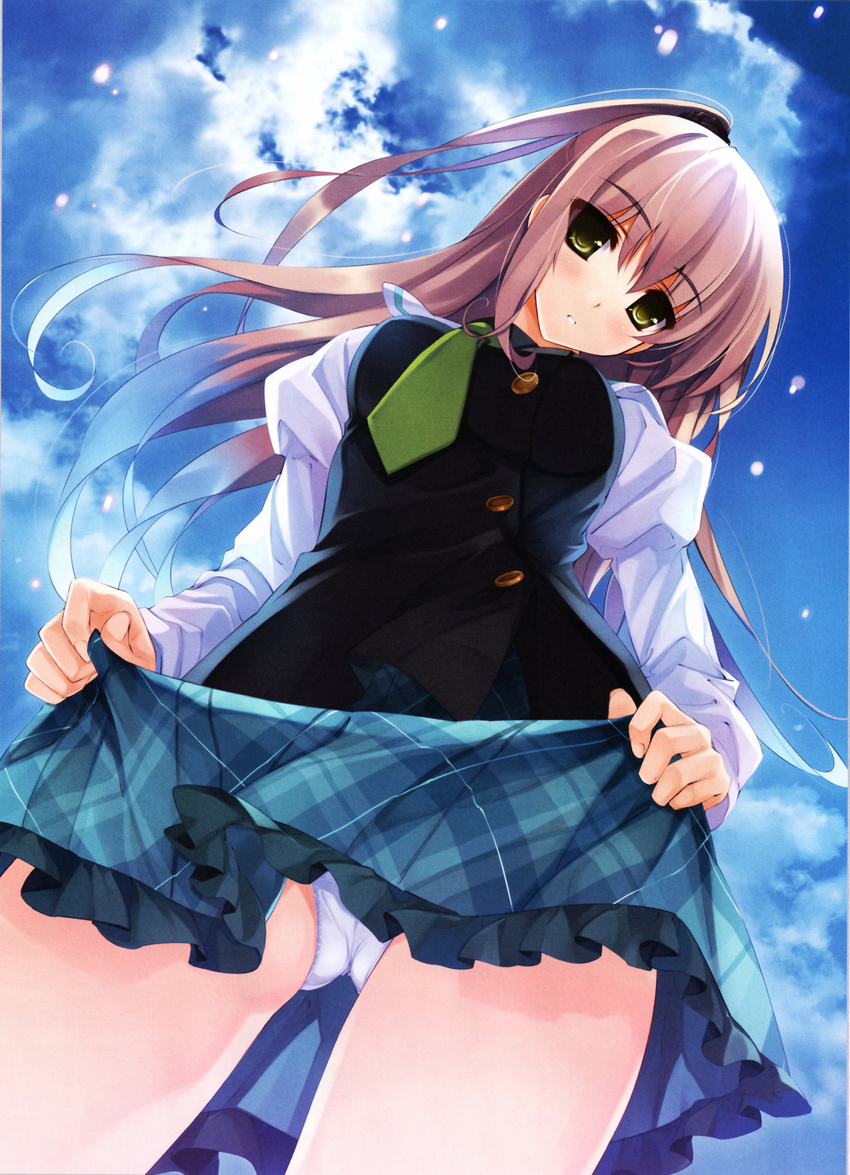 1girl absurdres blush brown_hair cloud clouds dengeki_moeoh dengeki_moeou frills green_eyes gren_eyes highres lingerie long_hair looking_at_viewer looking_down misaki_kurehito necktie pantie panties plaid plaid_skirt ponytail school_uniform side_tail skirt skirt_lift sky solo sschool_uniform underwear uniform upskirt