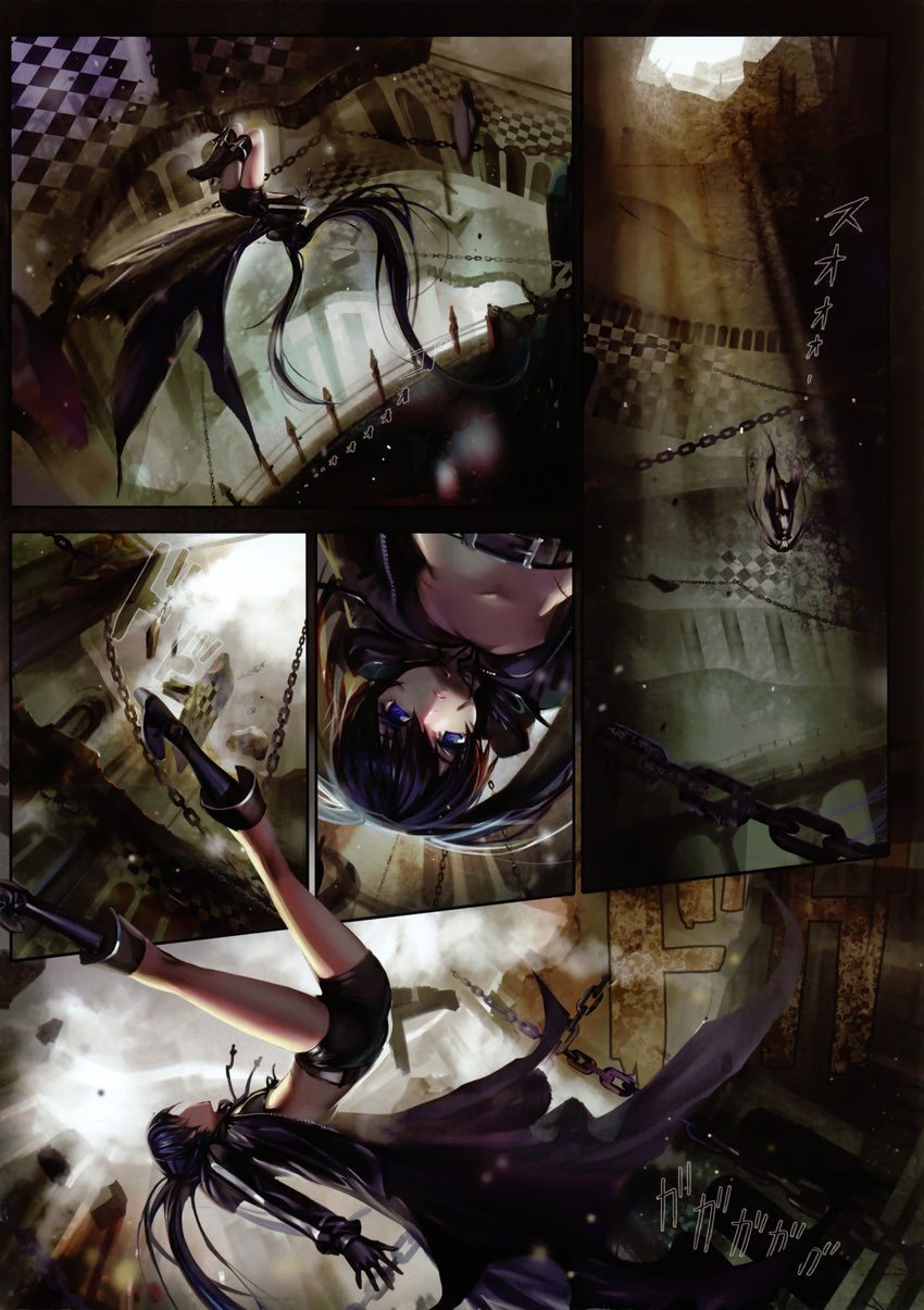 absurdres alphonse_(white_datura) bikini_top black_hair black_rock_shooter black_rock_shooter_(character) blue_eyes boots chain coat comic gloves highres long_hair navel scan scar short_shorts shorts silent_comic solo twintails
