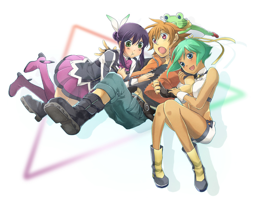 2girls amata_sora aquarion_(series) aquarion_evol bad_id bad_pixiv_id boots bow breasts cleavage cleavage_cutout fang fingerless_gloves gloves green_eyes green_hair hair_bun hair_ornament highres inku medium_breasts mikono_suzushiro multiple_girls orange_hair purple_eyes purple_footwear purple_hair purple_legwear red_eyes short_hair short_shorts shorts skirt stuffed_animal stuffed_toy vest zessica_wong