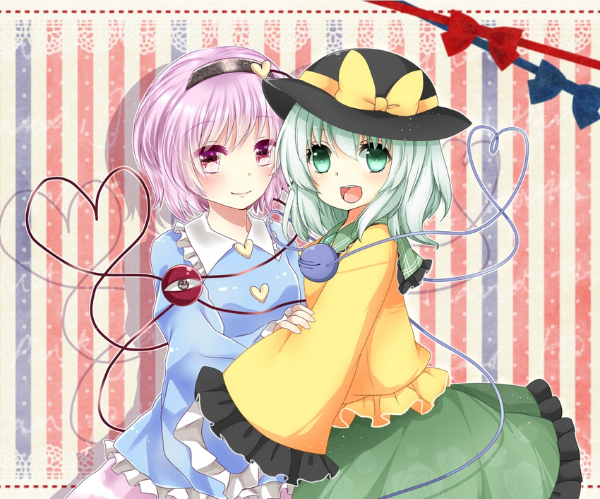 aqua_hair arm_holding black_hat blouse bow eyeball eyebrows_visible_through_hair frilled_shirt frilled_shirt_collar frilled_skirt frilled_sleeves frills green_eyes hairband hat hat_bow heart heart-shaped_pupils heart_of_string hug komeiji_koishi komeiji_satori long_sleeves looking_at_viewer multiple_girls open_mouth pink_eyes pink_hair ribbon shirt short_hair siblings sisters skirt sleeves_past_wrists smile striped striped_background symbol-shaped_pupils teeth third_eye touhou vertical-striped_background vertical_stripes wide_sleeves wing_collar yellow_bow yuria_(kittyluv)