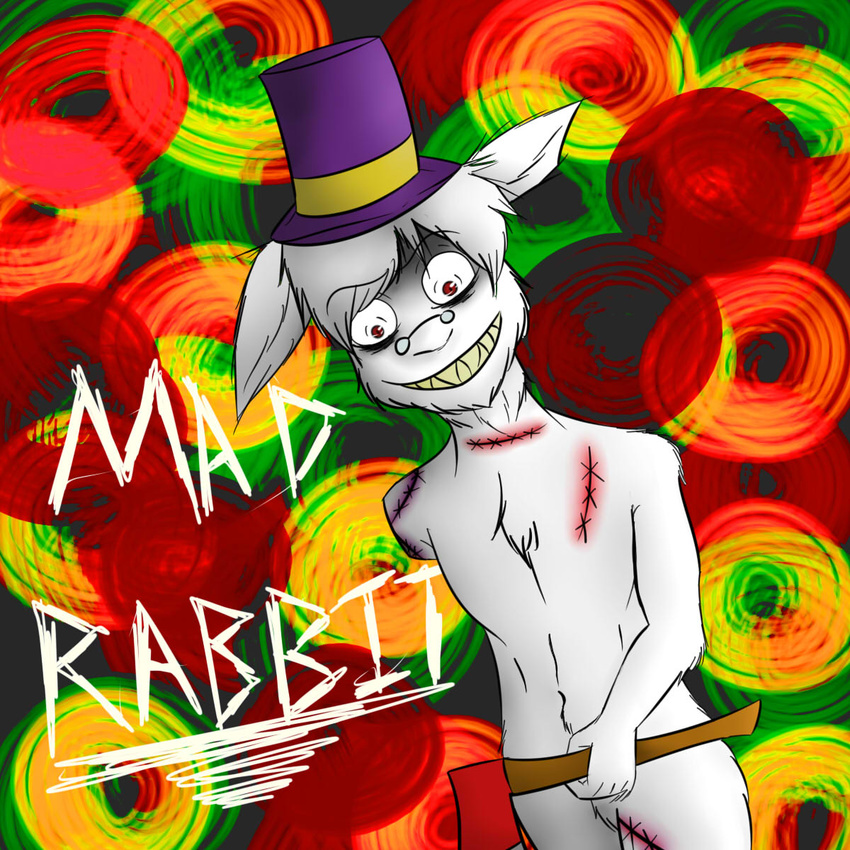 alice_in_wonderland amputee axe creepy eyewear fangs fur glasses hat hatchet insane lagomorph mad male mammal mommadearest rabbit red_eyes scary smile solo stitches top_hat weapon white_fur white_rabbit wounded