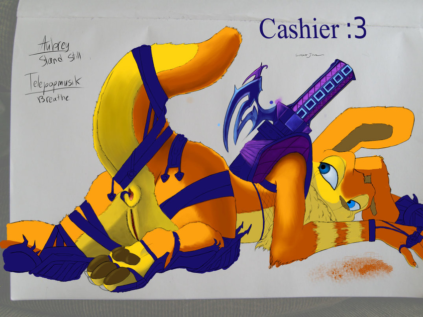 cashier cashier:3 daxter female fur invalid_tag jak_and_daxter look_behind looking_back orange orange_fur photoshop pussy solo sword transgender weapon