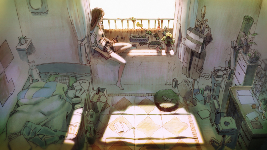 alarm_clock barefoot bed brown_hair cellphone chair clock desk indoors light long_hair looking_away messy_room office_chair original phone plant potted_plant room shade shorts sitting sitting_in_window sleeves_rolled_up solo stuffed_animal stuffed_toy sunlight teddy_bear umishima_senbon window window_shade windowsill