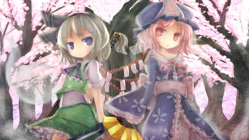 blue_eyes blush cherry_blossoms fan folding_fan ghost hat highres hitodama japanese_clothes katana konpaku_youmu konpaku_youmu_(ghost) multiple_girls ofuda petals pink_eyes pink_hair rope saigyou_ayakashi saigyouji_yuyuko shimenawa short_hair silver_hair skirt sword ti_owo touhou tree triangular_headpiece vest weapon