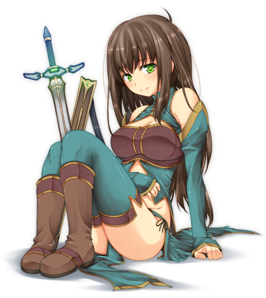 aqua_legwear arm_support bad_id bad_pixiv_id bangs bare_shoulders big_wednesday boots breasts brown_hair cleavage detached_sleeves eyebrows_visible_through_hair green_eyes halter_top halterneck highres loincloth long_hair looking_at_viewer medium_breasts midriff original sheath side-tie_skirt simple_background sitting sleeves_past_wrists smile solo sword thighhighs weapon