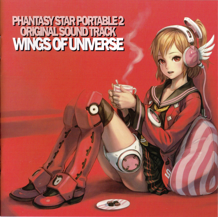 absurdres album_cover armor artist_request cover cup emilia_percival english headphones highres legs phantasy_star phantasy_star_portable_2 pillow plate ponytail scan school_uniform serafuku sitting skirt