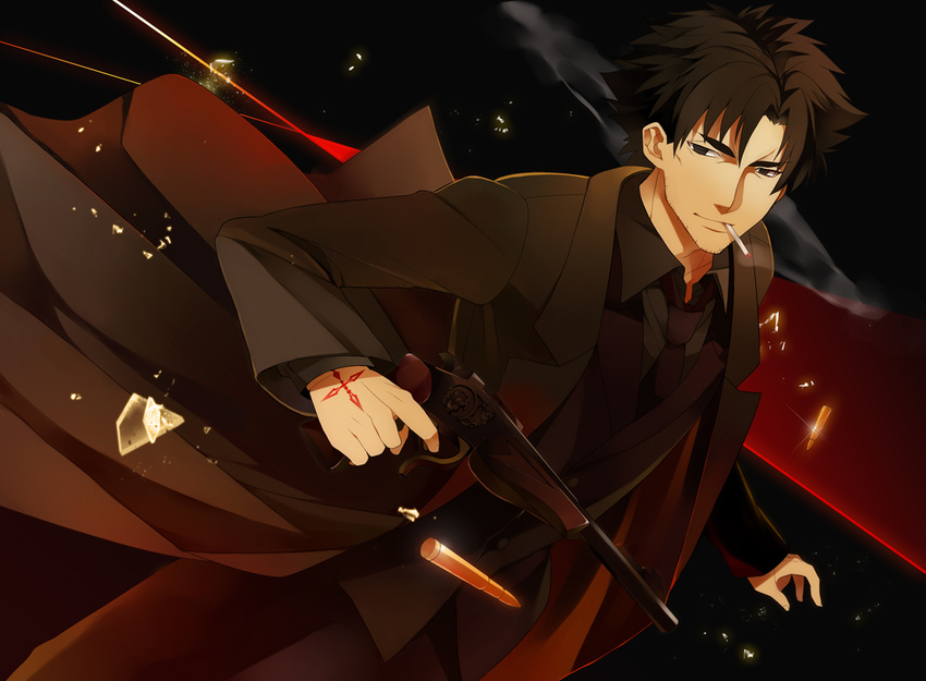 amakura_(am_as) black_background black_eyes black_hair cigarette command_spell emiya_kiritsugu facial_hair fate/zero fate_(series) gun handgun long_coat male_focus shell_casing solo stubble thompson/center_contender weapon