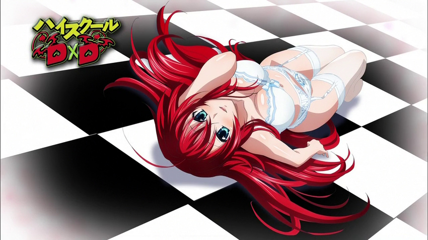 blue_eyes bra female high_school_dxd laying_down long_hair panties red_hair rias_gremory solo