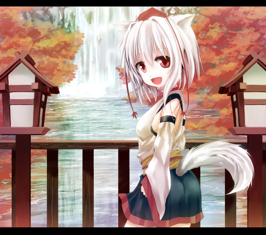 animal_ears canae0 detached_sleeves hat highres inubashiri_momiji letterboxed open_mouth red_eyes short_hair skirt solo tail tokin_hat touhou water waterfall white_hair wolf_ears wolf_tail