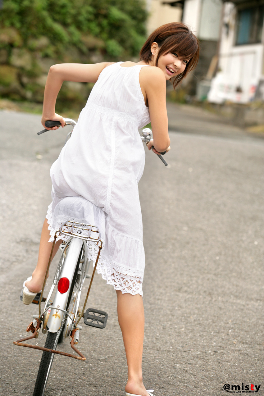 bicycle dress highres nagasaki_rina photo short_hair summer_dress sundress