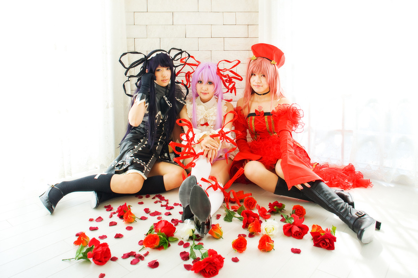 al_azif cosplay cuffs demonbane dress etheldreda gloves hair_ribbon hair_ribbons kneehighs petals photo purple_hair ribbon ribbons rose_petals saya saya_(cosplayer) tsugihagi_mishin