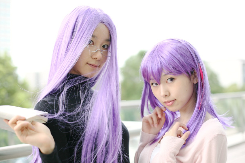 camisole cardigan cosplay fate/stay_night fate_(series) glasses hair_ribbon hair_ribbons matou_sakura minato_misa photo purple_hair ribbon rider turtleneck yoshishige_yutaka