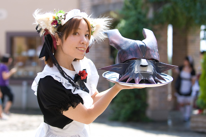 anya apron cosplay dog_ears helmet maid maid_apron maid_uniform photo serving_tray tray