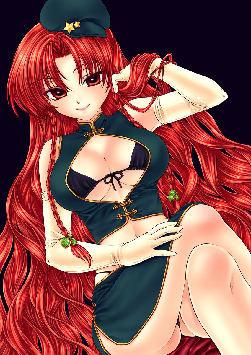 black_bra black_panties blush bra braid breasts china_dress chinese_clothes cleavage cleavage_cutout crossed_legs dress elbow_gloves front-tie_top gloves hat highres hong_meiling large_breasts lingerie long_hair midriff navel panties pantyshot pantyshot_(sitting) red_eyes red_hair sitting smile solo star touhou twin_braids underwear very_long_hair yukarigawa_yumiya