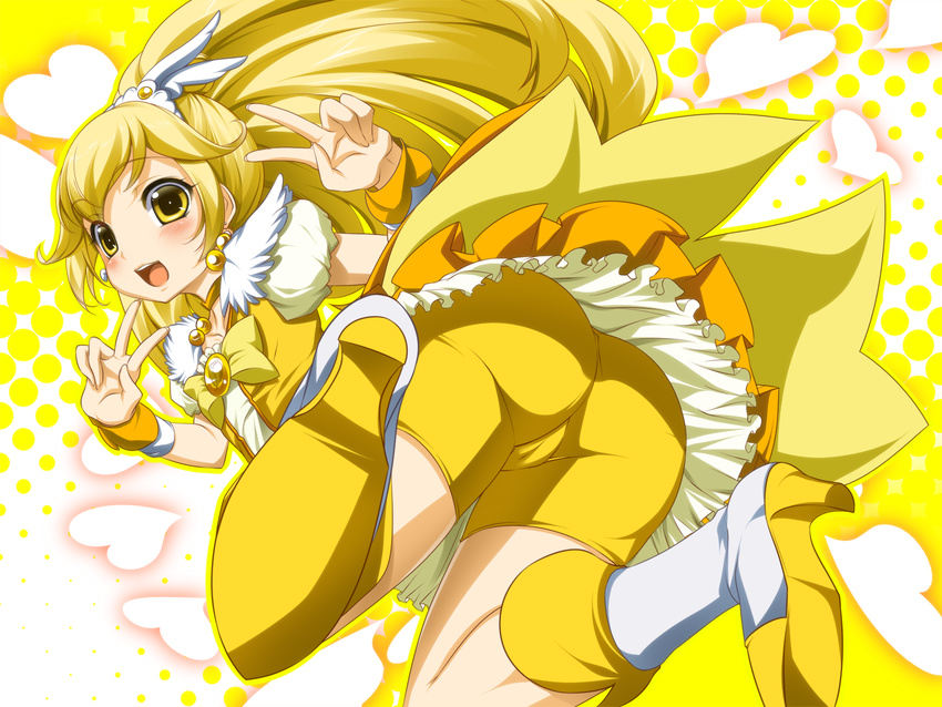 blonde_hair blush bow cameltoe cure_peace hair_flaps heart kise_yayoi long_hair open_mouth precure shorts shorts_under_skirt skirt smile smile_precure! solo toron_(mino106) v yellow yellow_bow yellow_shorts yellow_skirt