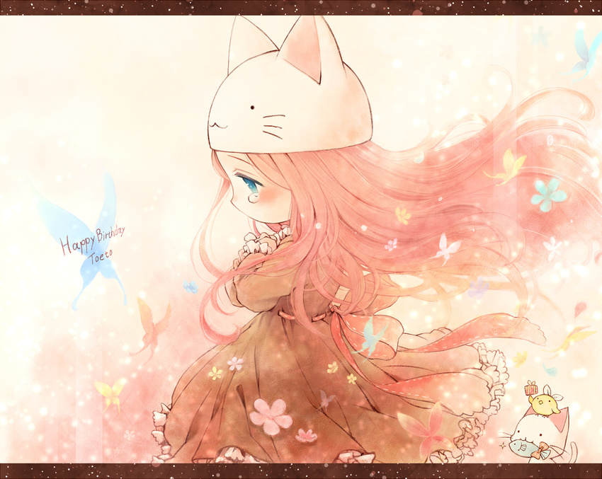 animal_hat aqua_eyes bird bug butterfly cat cat_hat chick fish flower frills happy_birthday hat insect long_hair looking_down megurine_luka megurine_luka_(toeto) nim_(sivo) pink_hair profile sad toeto_(vocaloid) vocaloid wind