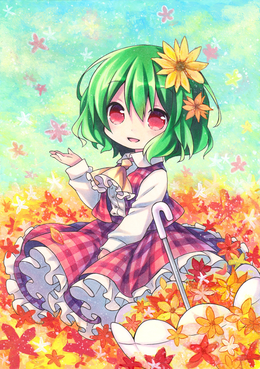 absurdres ascot blush chibi flower green_hair highres kagami_leo kazami_yuuka plaid plaid_vest red_eyes short_hair skirt smile solo touhou umbrella vest