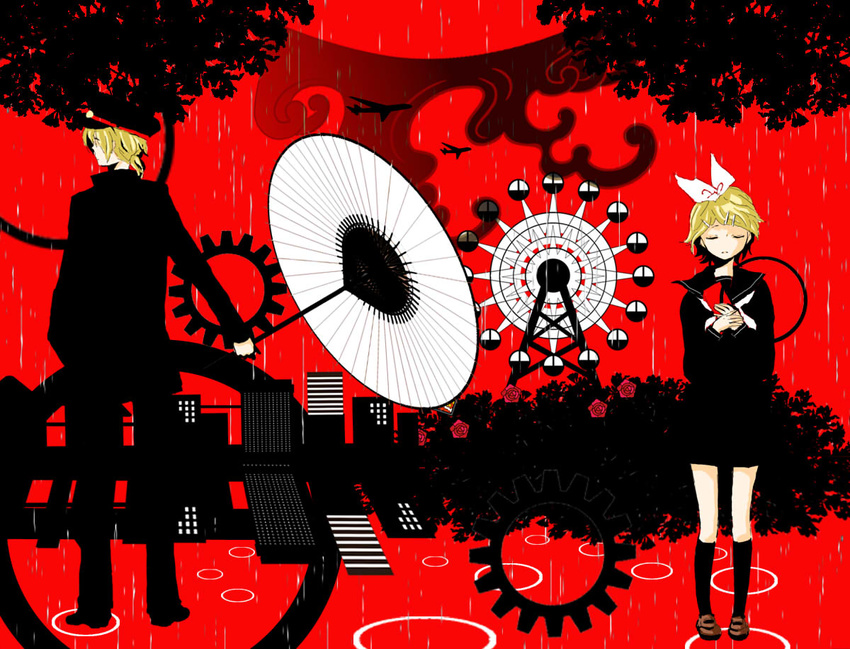 amoko_(chokokorone) city flowers kagamine_len kagamine_rin plane rain red rose umbrella vocaloid