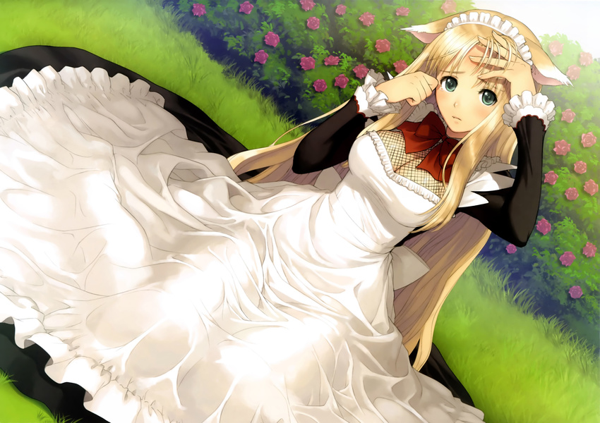 animal_ears blonde_hair flowers foxgirl grass long_hair maid rouna shining_hearts taka_tony