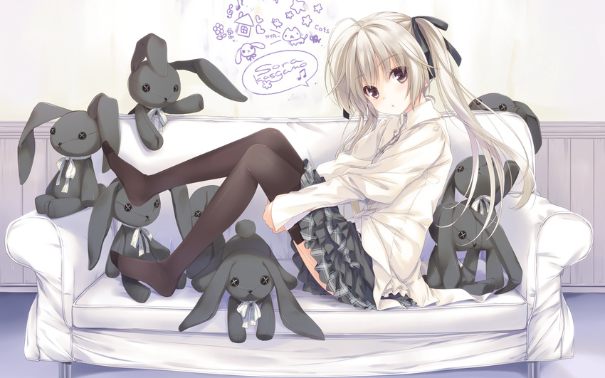 :o ahoge alternate_legwear beamed_eighth_notes black_legwear black_ribbon blush brown_eyes cat character_name collared_shirt couch cross cross_necklace eighth_note english frilled_skirt frills from_side full_body hair_ribbon head_tilt highres huge_ahoge jewelry kasugano_sora leg_hug long_hair long_legs looking_at_viewer musical_note necklace no_shoes ohara_tometa parted_lips plaid plaid_skirt pleated_skirt ribbon shirt silver_hair sitting skirt sleeves_past_wrists solo speech_bubble spoken_musical_note stuffed_animal stuffed_bunny stuffed_toy thighhighs treble_clef wainscoting wallpaper white_shirt wing_collar yosuga_no_sora