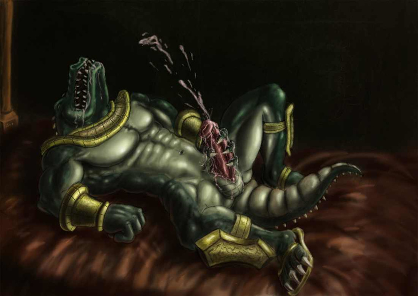 anthro armor balls biceps bracelet claws clenched_teeth compression_artifacts crocodile cum cumshot drooling erection eyes_closed fangs genital_slit green_skin jewelry league_of_legends lying male masturbation muscles on_back open_mouth orgasm pecs penis plantigrade renekton reptile saliva scalie sheath slit solo spikes teeth tongue unknown_artist zyter