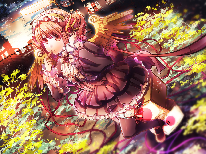 angel ascot bad_id bad_pixiv_id black_legwear brown_eyes brown_hair copyright_request dress finger_to_mouth frilled_skirt frills hairband halo headphones mary_janes ribbon shoes short_hair sitting skirt solo suou_sakura thighhighs wings zettai_ryouiki