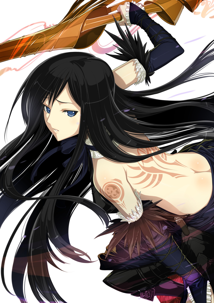 absurdres ass backless_outfit bad_id bad_pixiv_id bare_back bare_shoulders black_hair blue_eyes bridal_gauntlets butt_crack castlevania castlevania:_order_of_ecclesia choker elbow_gloves gloves gothic highres lance long_hair nakabayashi_reimei polearm shanoa simple_background solo tattoo very_long_hair weapon