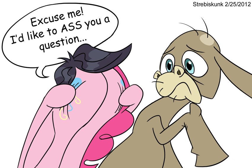 butt cranky_doodle_donkey_(mlp) cutie_mark dialog dialogue donkey english_text equine female feral friendship_is_magic horse male mammal my_little_pony pinkie_pie_(mlp) pony scared strebiskunk text wig