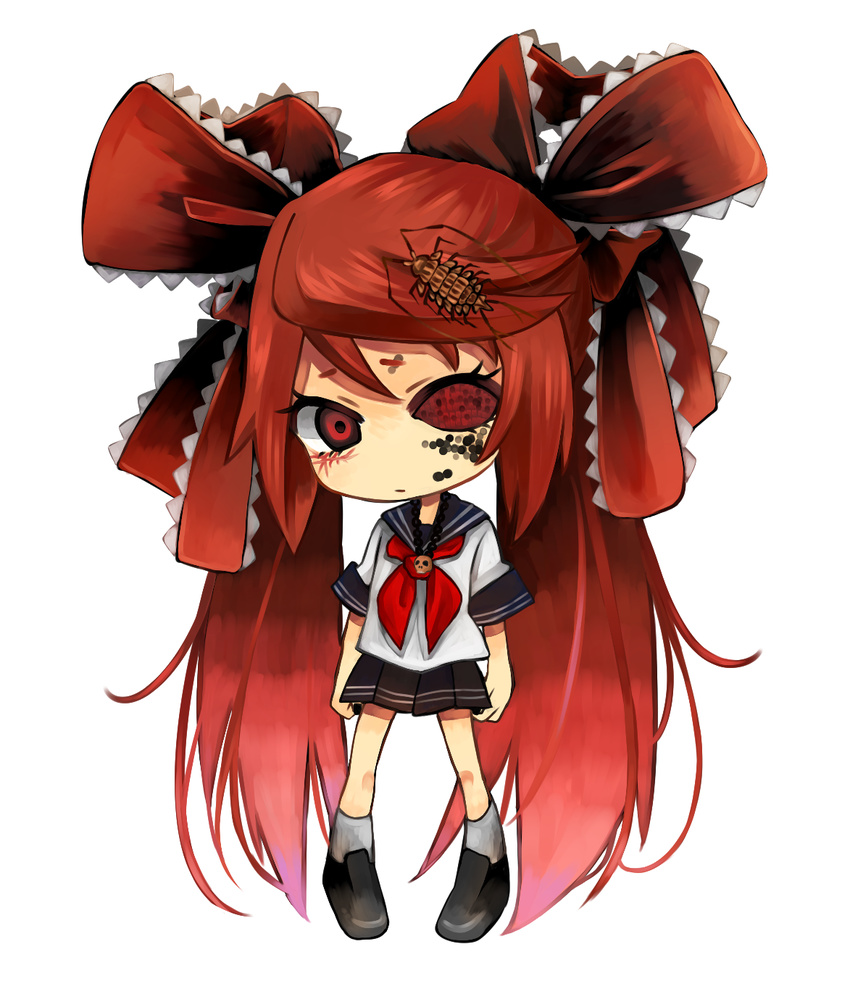 bad_id bad_pixiv_id bow calne_ca chibi crustacean hair_bow hair_ribbon hatsune_miku highres isopod jewelry long_hair looking_at_viewer nail_polish necklace oniyama831 red_eyes red_hair ribbon saikin_osen_-_bacterial_contamination_-_(vocaloid) school_uniform serafuku simple_background skirt skull_necklace solo twintails very_long_hair vocaloid