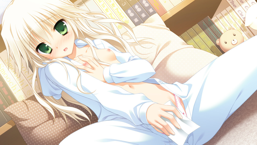 :o blonde_hair blush breasts dutch_angle game_cg green_eyes hatsuyuki_sakura indoors long_hair long_sleeves looking_at_viewer masturbation medium_breasts moribe_(rabumanyo) navel nipples nose_blush open_clothes open_mouth open_shirt pajamas panties panty_pull pink_panties self_fondle shirokuma_(hatsuyuki_sakura) shirt sitting small_breasts solo underwear