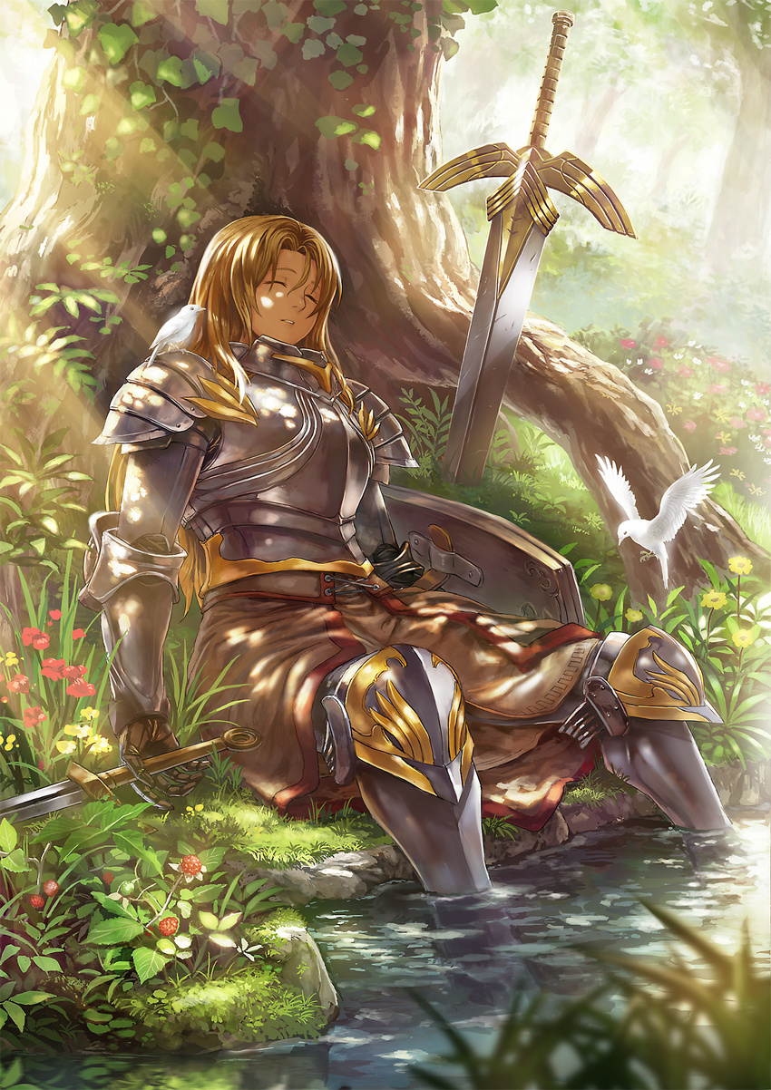 animal animal_on_shoulder armor bird bird_on_shoulder brown_hair closed_eyes dappled_sunlight day flower food forest fruit full_armor gauntlets grass guchico highres leaning_back light_rays nature on_ground original plant planted_sword planted_weapon roots shield sitting sleeping sleeping_upright soaking_feet solo strawberry sunbeam sunlight sword tree tree_shade under_tree vines water weapon