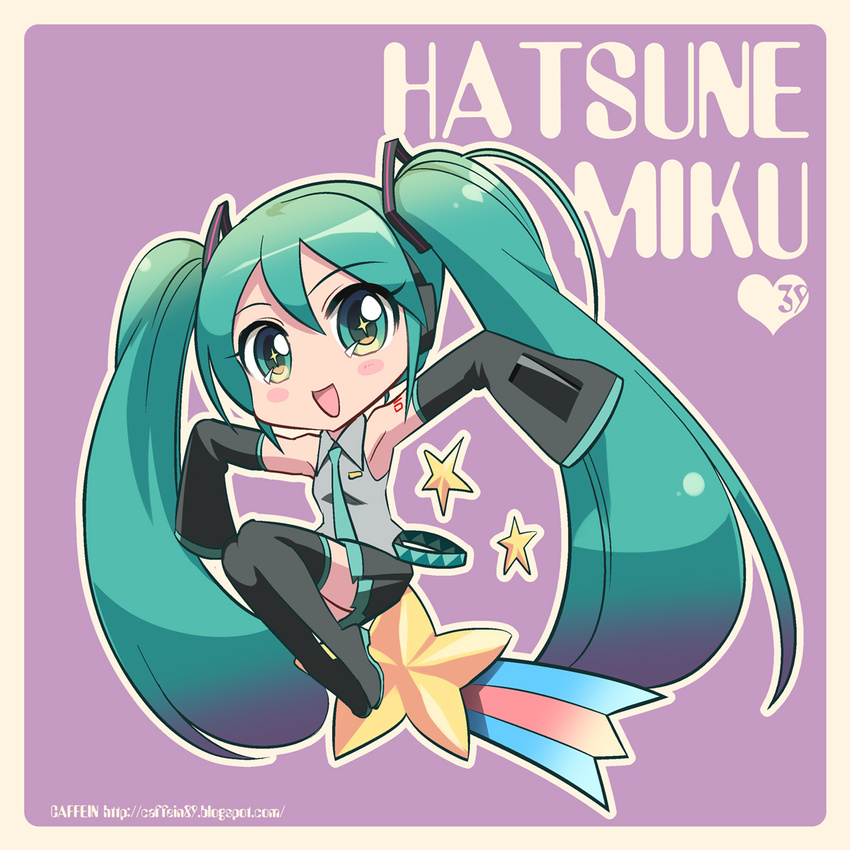 caffein character_name detached_sleeves green_eyes green_hair hatsune_miku highres long_hair necktie open_mouth outstretched_arms sitting skirt sleeves_past_wrists solo spread_arms star thighhighs twintails very_long_hair vocaloid