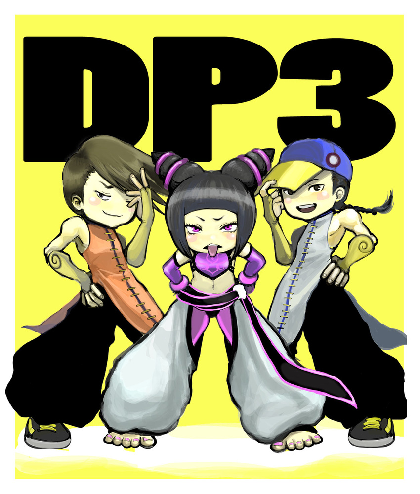 2boys :p baggy_pants barefoot baseball_cap black_hair blush_stickers braid bridal_gauntlets brown_hair chibi chinese_clothes detached_sleeves drill_hair dudou gloves halter_top halterneck han_juri hat highres midriff multiple_boys muscle navel pants riry shoes single_braid sneakers street_fighter street_fighter_iv_(series) tongue tongue_out twin_drills yang_lee yun_lee